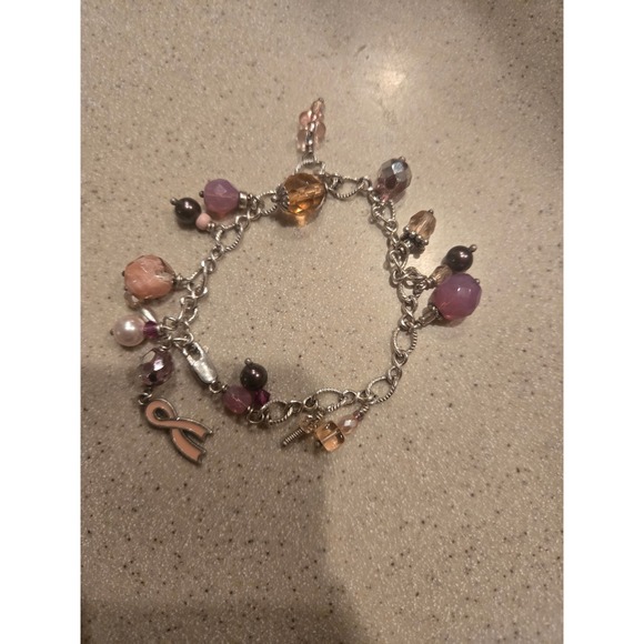 Unbranded Jewelry - Breast Cancer Awareness Pink Ribbon Charm Bracelet Glass Beads Silver Tone